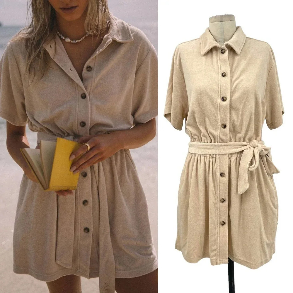 Araminta James Shirt Dress Terry Cloth Toweling Biscuit Cream Tan Size Large‎